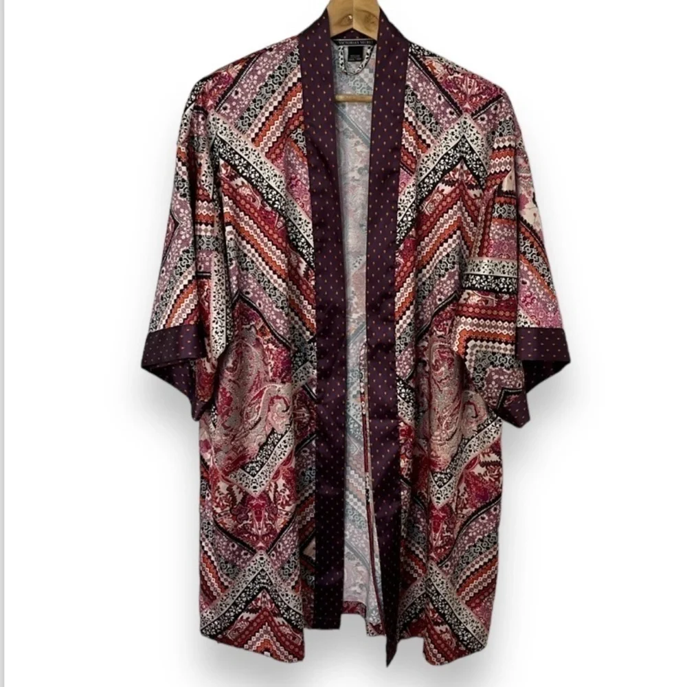 Victoria's Secret Boho Satin Kimono Bath Robe Faux Patchwork Maroon Women's XS/S